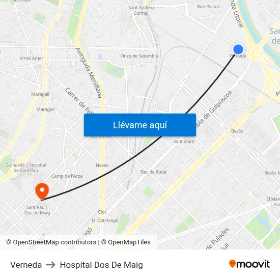 Verneda to Hospital Dos De Maig map