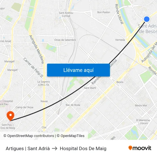 Artigues | Sant Adrià to Hospital Dos De Maig map