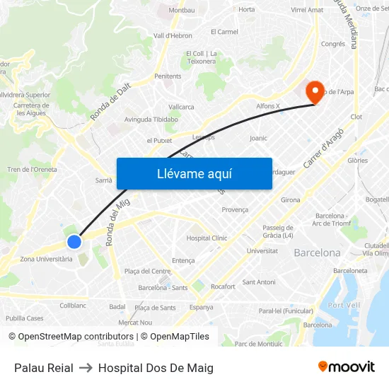 Palau Reial to Hospital Dos De Maig map