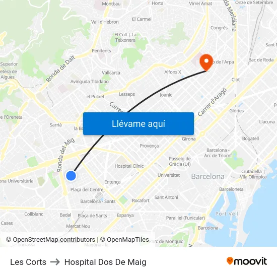 Les Corts to Hospital Dos De Maig map
