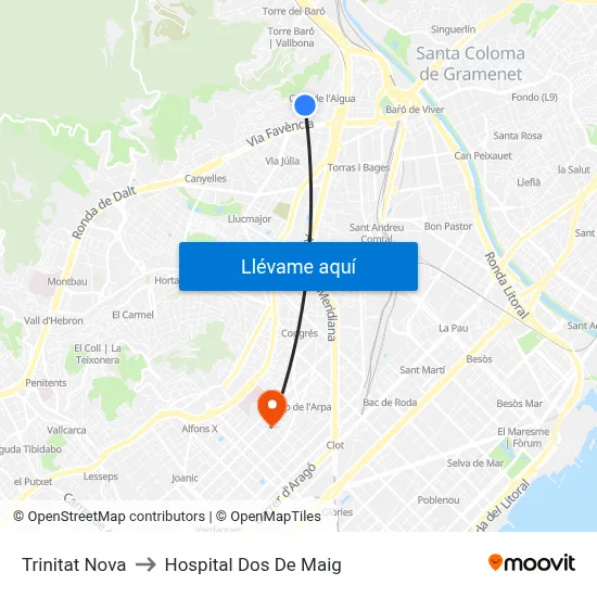 Trinitat Nova to Hospital Dos De Maig map