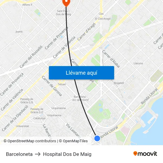 Barceloneta to Hospital Dos De Maig map