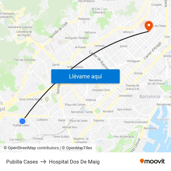 Pubilla Cases to Hospital Dos De Maig map
