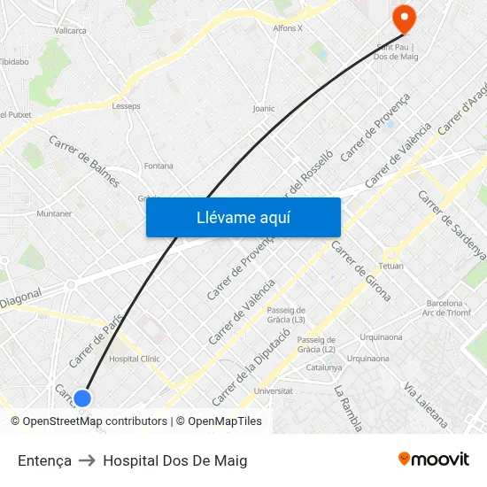 Entença to Hospital Dos De Maig map