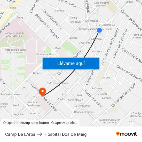 Camp De L'Arpa to Hospital Dos De Maig map