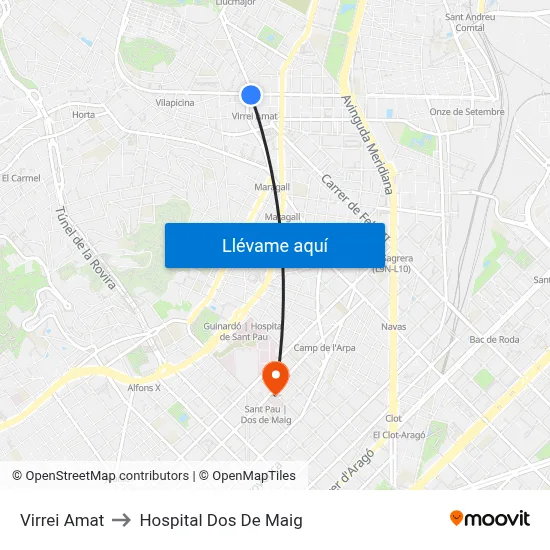 Virrei Amat to Hospital Dos De Maig map