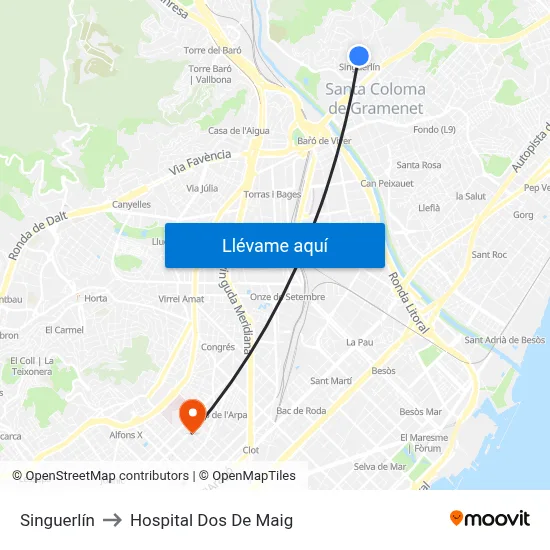 Singuerlín to Hospital Dos De Maig map