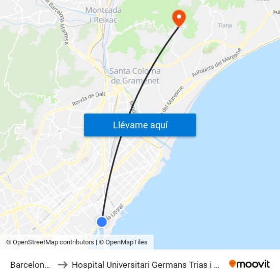 Barceloneta to Hospital Universitari Germans Trias i Pujol map
