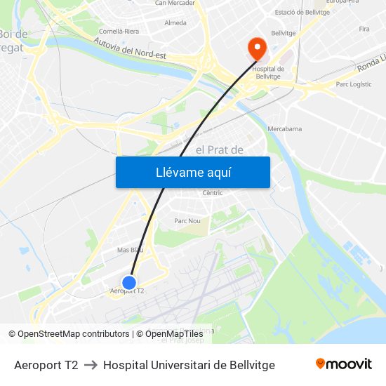 Aeroport T2 to Hospital Universitari de Bellvitge map