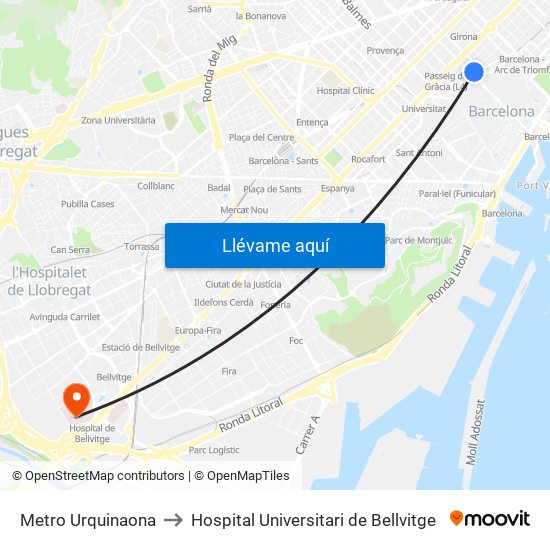 Metro Urquinaona to Hospital Universitari de Bellvitge map