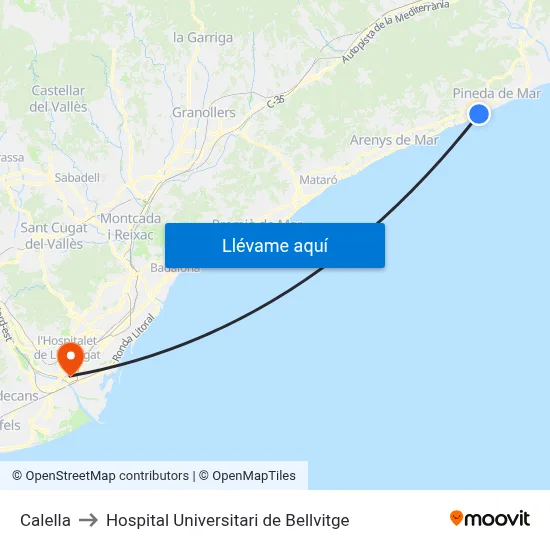 Calella to Hospital Universitari de Bellvitge map