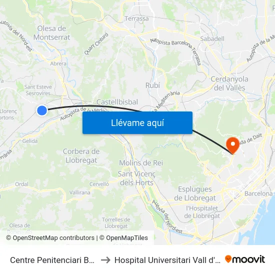 Centre Penitenciari Brians 2 to Hospital Universitari Vall d'Hebron map