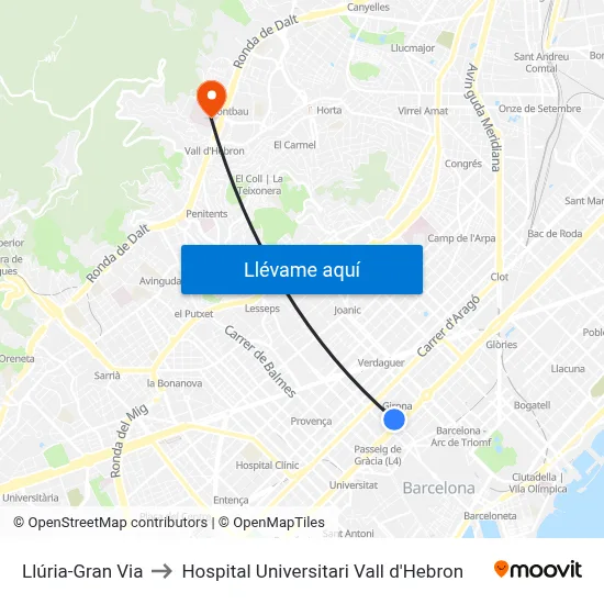 Llúria-Gran Via to Hospital Universitari Vall d'Hebron map