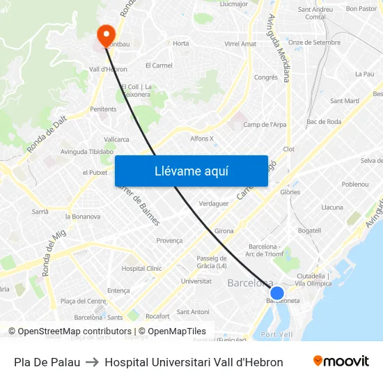 Pla De Palau to Hospital Universitari Vall d'Hebron map