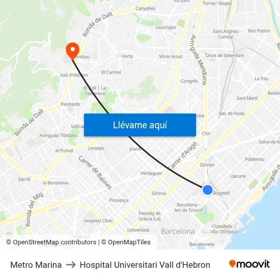 Metro Marina to Hospital Universitari Vall d'Hebron map