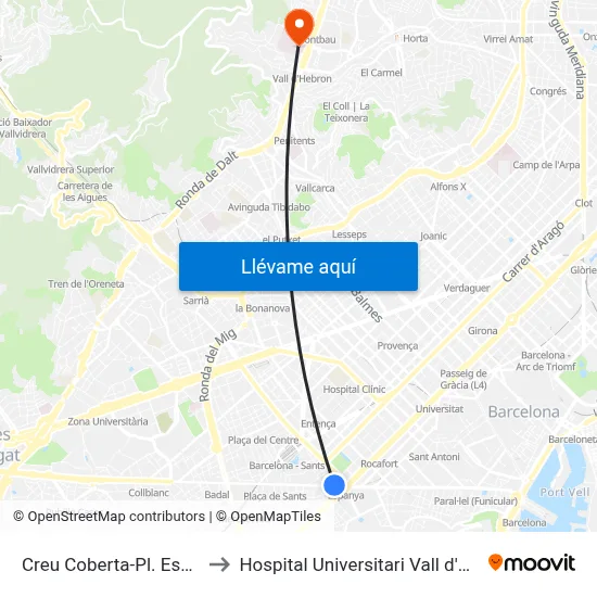 Creu Coberta-Pl. Espanya to Hospital Universitari Vall d'Hebron map