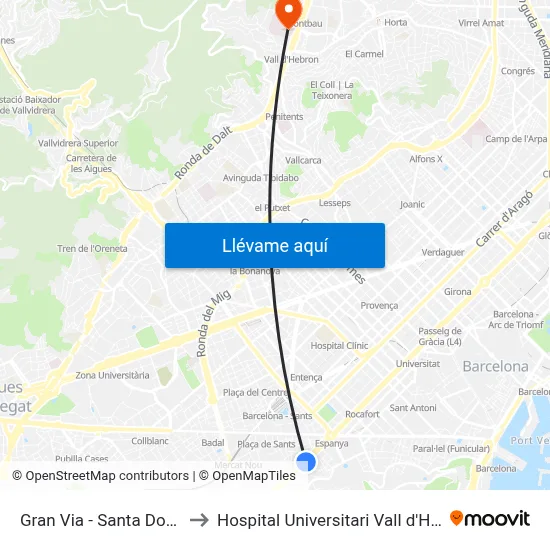 Gran Via - Santa Dorotea to Hospital Universitari Vall d'Hebron map