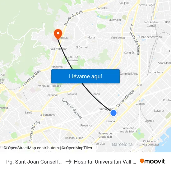 Pg. Sant Joan-Consell De Cent to Hospital Universitari Vall d'Hebron map
