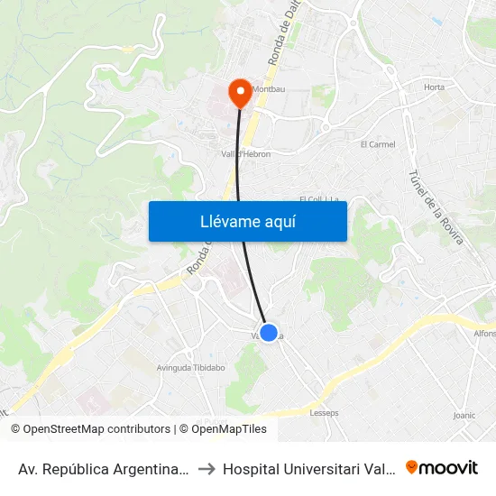 Av. República Argentina-Vallcarca to Hospital Universitari Vall d'Hebron map