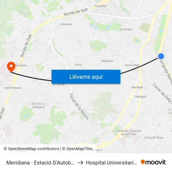 Meridiana - Estació D'Autobusos Fabra I Puig to Hospital Universitari Vall d'Hebron map