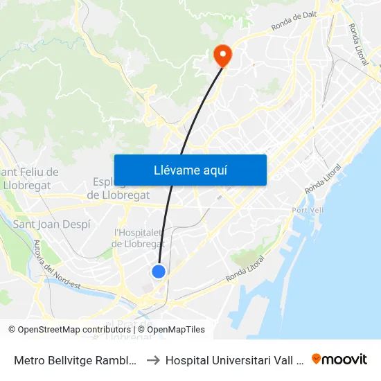 Metro Bellvitge Rambla Marina to Hospital Universitari Vall d'Hebron map