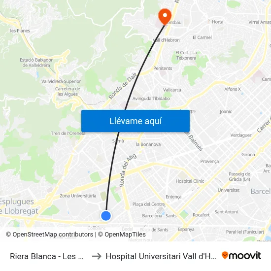 Riera Blanca - Les Corts to Hospital Universitari Vall d'Hebron map
