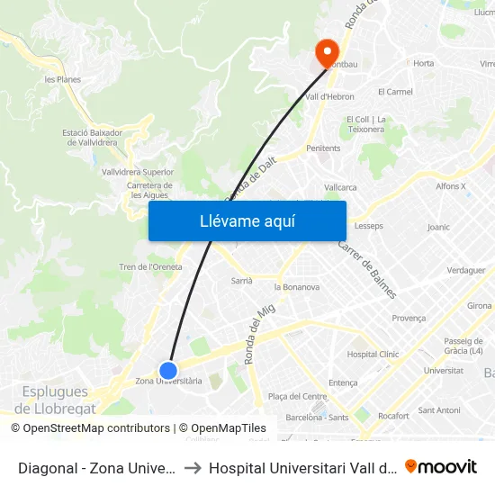 Diagonal - Zona Universitària to Hospital Universitari Vall d'Hebron map