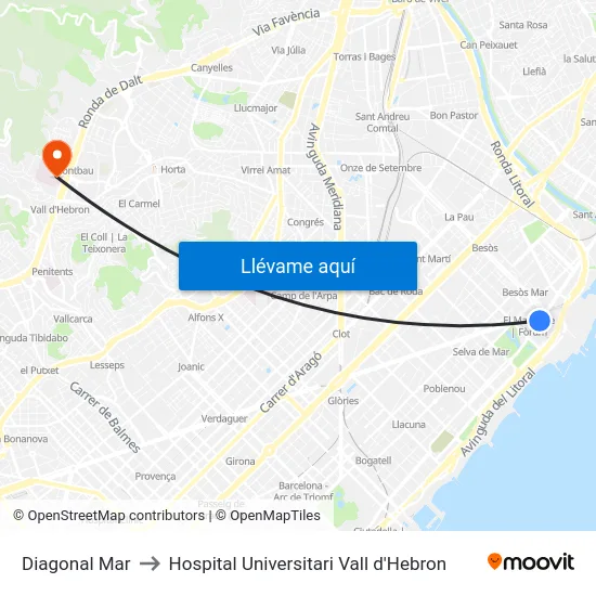 Diagonal Mar to Hospital Universitari Vall d'Hebron map