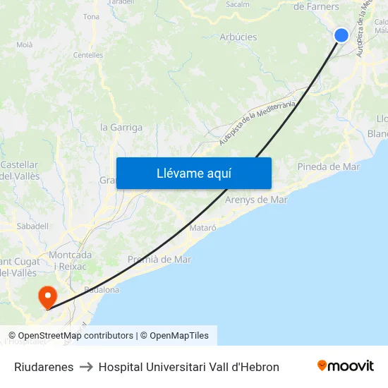 Riudarenes to Hospital Universitari Vall d'Hebron map
