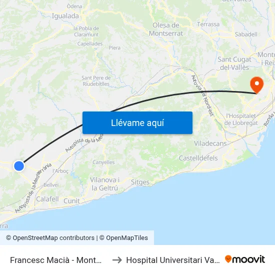 Francesc Macià - Montmell (Bisbal) to Hospital Universitari Vall d'Hebron map