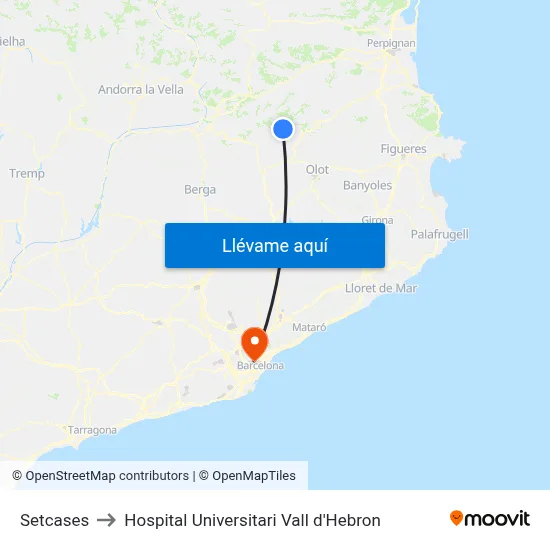 Setcases to Hospital Universitari Vall d'Hebron map