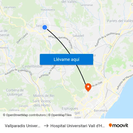 Vallparadís Universitat to Hospital Universitari Vall d'Hebron map