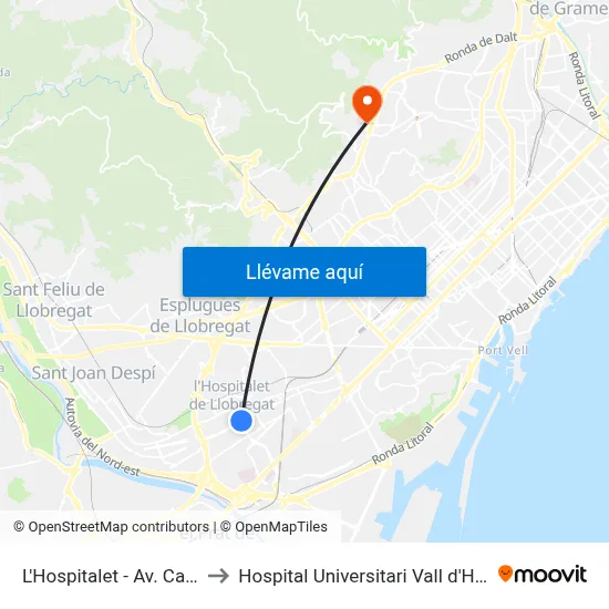 L'Hospitalet - Av. Carrilet to Hospital Universitari Vall d'Hebron map