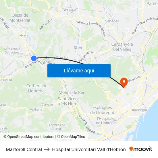 Martorell Central to Hospital Universitari Vall d'Hebron map