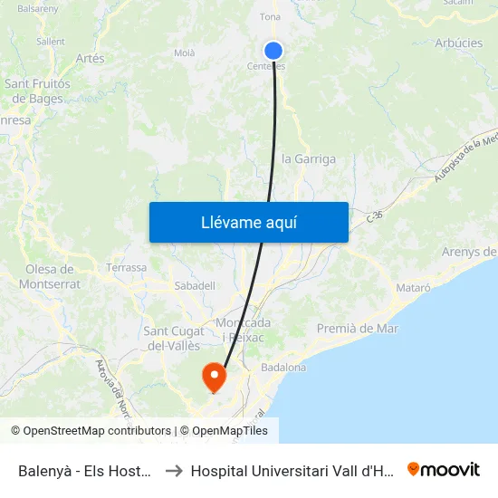 Balenyà - Els Hostalets to Hospital Universitari Vall d'Hebron map