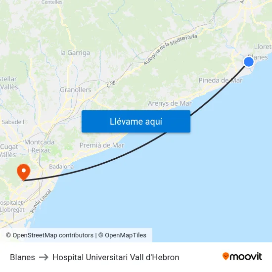 Blanes to Hospital Universitari Vall d'Hebron map