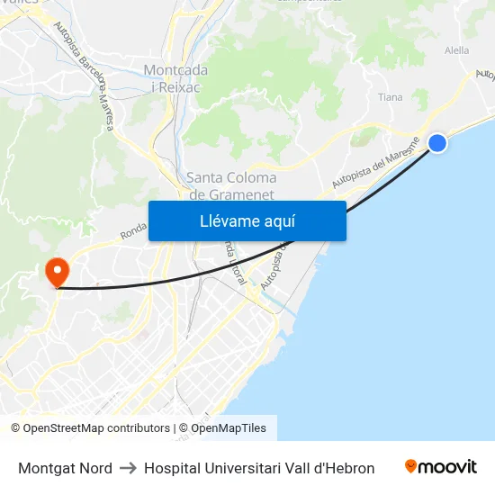 Montgat Nord to Hospital Universitari Vall d'Hebron map