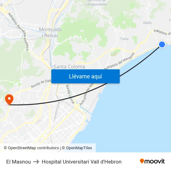 El Masnou to Hospital Universitari Vall d'Hebron map