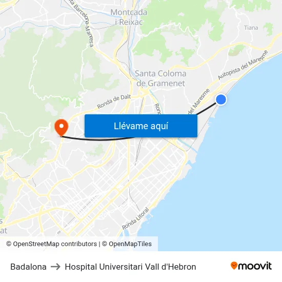 Badalona to Hospital Universitari Vall d'Hebron map