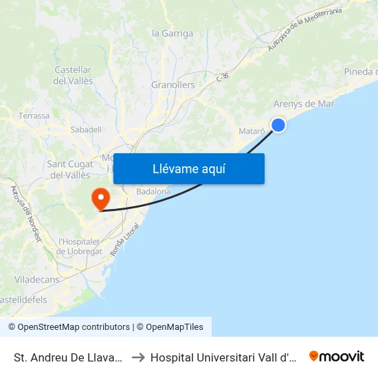 St. Andreu De Llavaneres to Hospital Universitari Vall d'Hebron map
