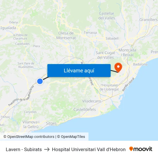 Lavern - Subirats to Hospital Universitari Vall d'Hebron map