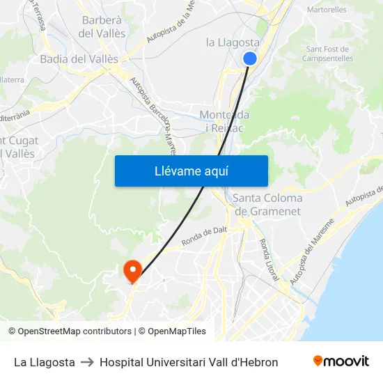 La Llagosta to Hospital Universitari Vall d'Hebron map