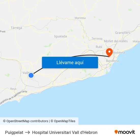 Puigpelat to Hospital Universitari Vall d'Hebron map