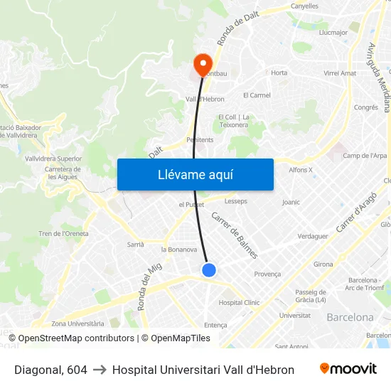Diagonal, 604 to Hospital Universitari Vall d'Hebron map