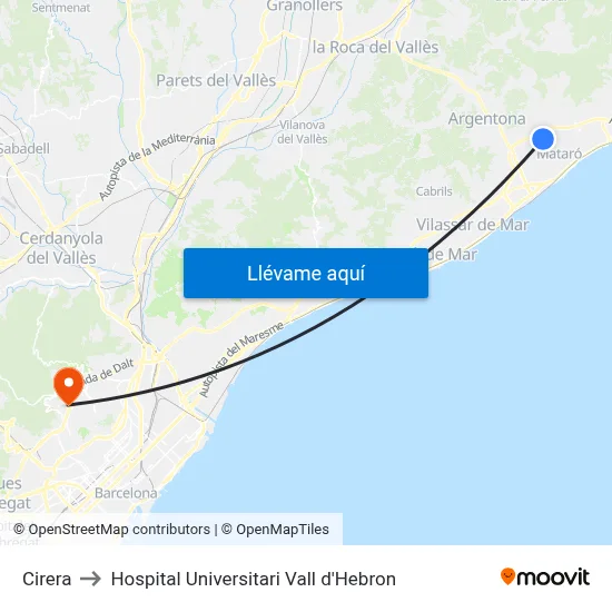 Cirera to Hospital Universitari Vall d'Hebron map
