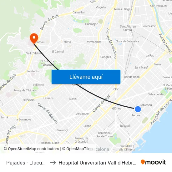 Pujades - Llacuna to Hospital Universitari Vall d'Hebron map