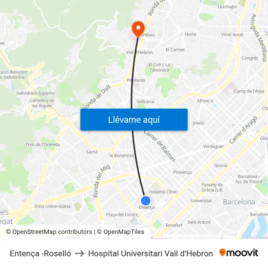 Entença -Roselló to Hospital Universitari Vall d'Hebron map