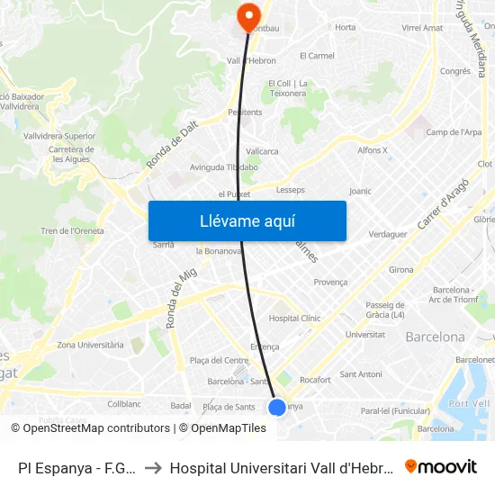 Pl Espanya - F.G.C to Hospital Universitari Vall d'Hebron map