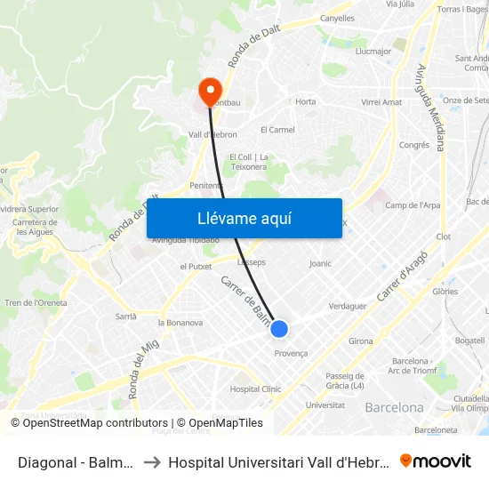 Diagonal - Balmes to Hospital Universitari Vall d'Hebron map