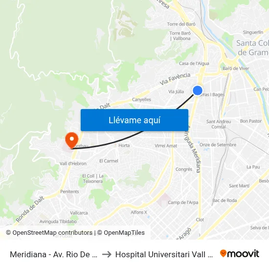 Meridiana - Av. Rio De Janeiro to Hospital Universitari Vall d'Hebron map